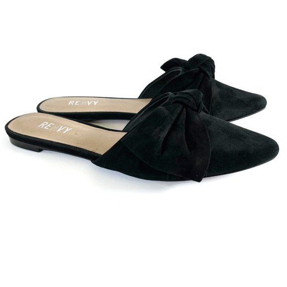 Renvy Amore Black Suede Mules Women's 6.5 Leather Slip On Flats Modern Casual - Picture 1 of 16
